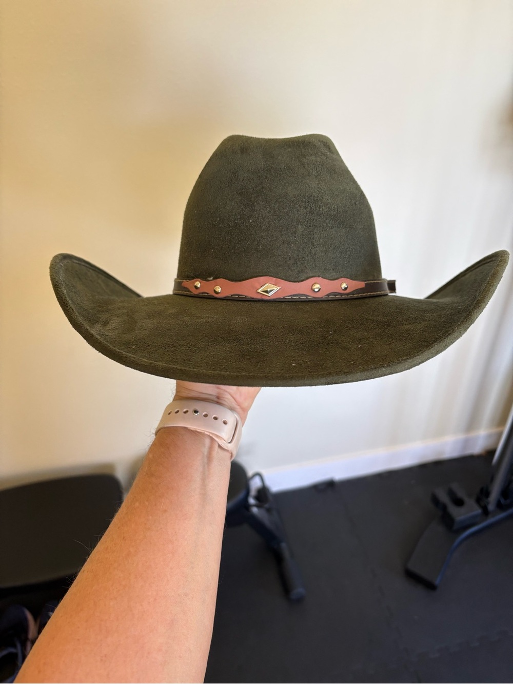 Olive Green Felt Cowboy Hat with Brown Leather Band